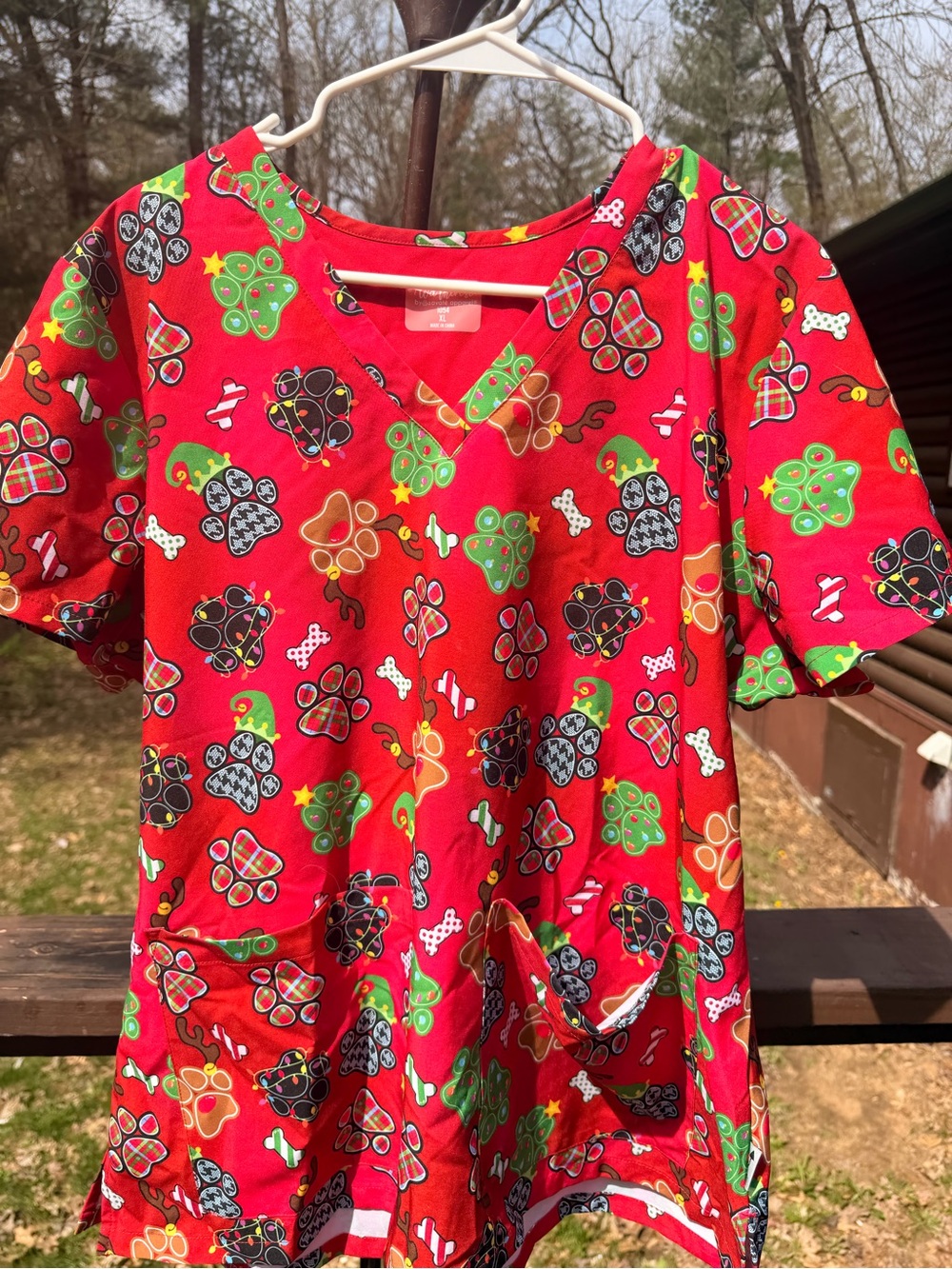 Red Paw Print Scrub Top V neck XL